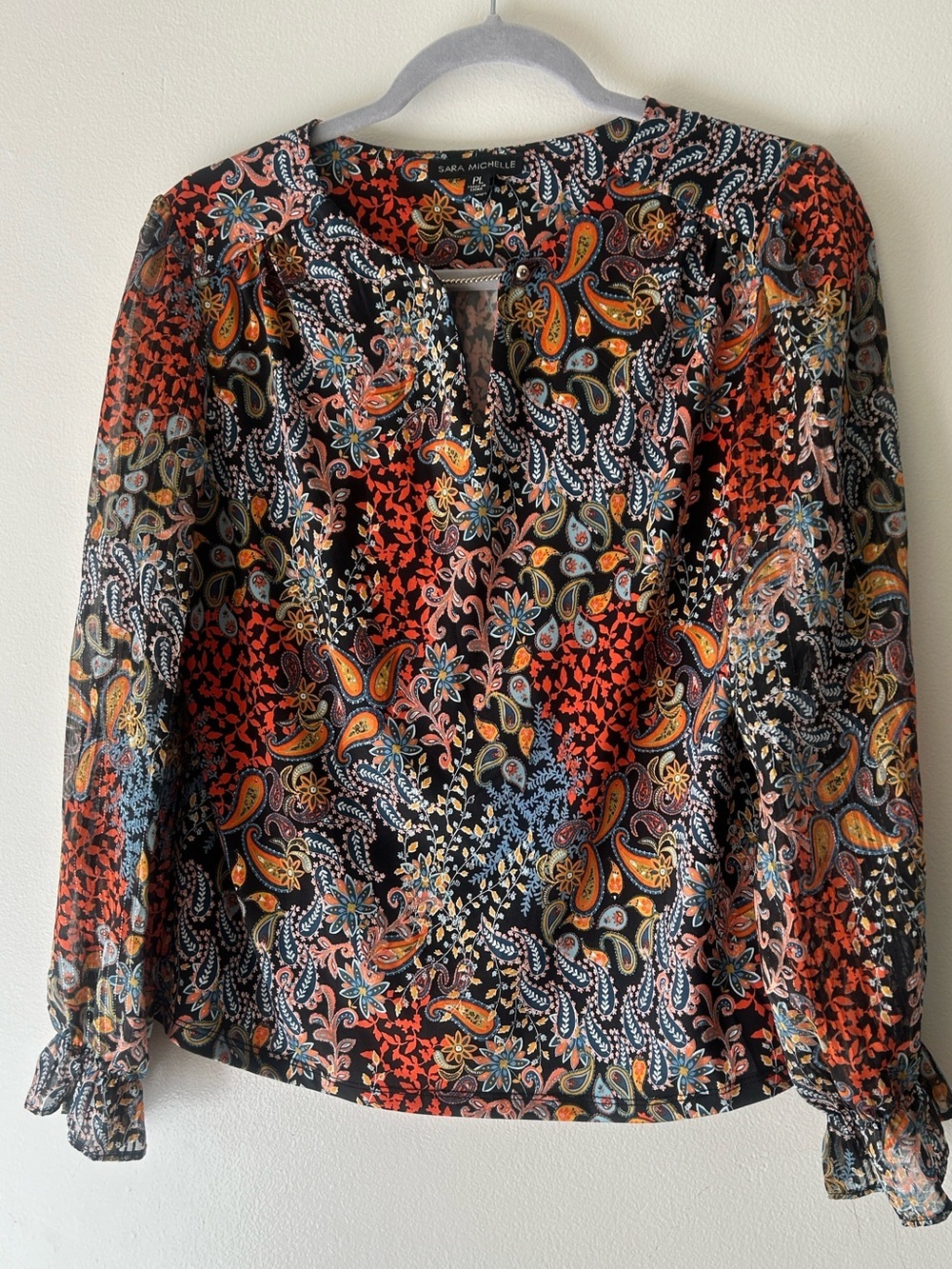Sara Michelle Black Multi Paisley Peasant Blouse